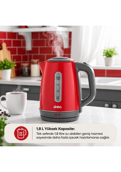 Kırmızı Çelik Kettle Su Isıtıcısı Kablosuz Kullanım 1.8lt 360 Derece Dönebilme Otomatik Kapanma Sk-8031