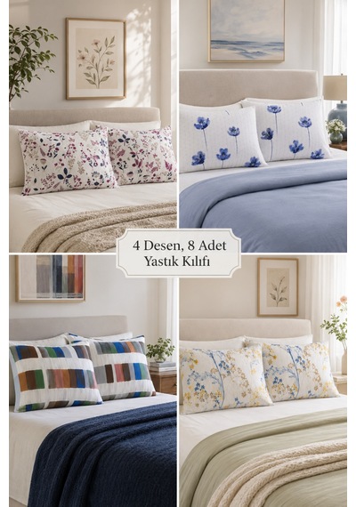 Formeya 8'li Desenli Yastık Kılıfı Seti 50x70 Cm 4 Farklı Desen, Her Desenden 2 Adet Çok Renkli