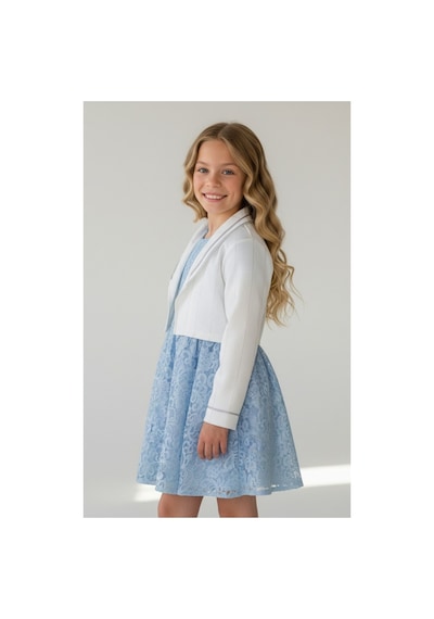 Fesshera Kids Kız Çocuk Dantel Elbise Bolero Ceket Takım 9-12 Yaş Mavi