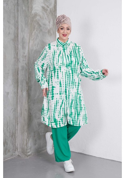 Polologin Butik Yeşil Beyaz Desenli Tunik Pantolon Takım Yeşil & Beyaz