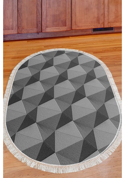 Kaymaz Dijital Mutfak & Salon Halı Trend Saçaklı Oval Geometrik E5010 gri