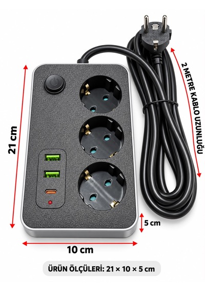 Termal Akım Korumalı Uzatma Kablosu 2 Metre Kablolu 3 Lü Priz 3 Usb Giriş 2.1 A Isıya Dayanıklı Çocuk Koruması 2500watt Ev Ofis