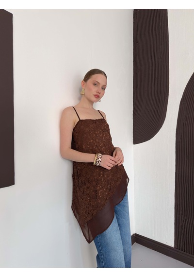 Verymoda Asimetrik Dantel Askılı Bluz D2935 Kahve