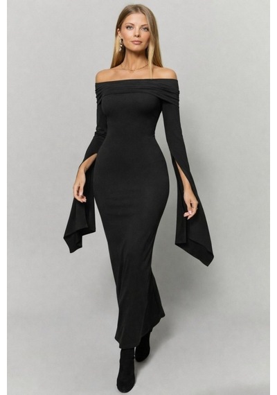 Efnaz Style Kadın Madonna Yaka Uzun Yırtmaç Kol Detaylı Uzun Ithal Krep Elbise Siyah Efnaz Style Kadın Madonna Yaka Uzun Yırtmaç Kol Detaylı Uzun Ithal Krep Elbise Siyah