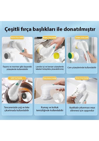 Şarjlı 5 Başlıklı Profesyonel Temizlik Fırçası Bulaşık Küvet Lavabo Banyo Temizleme Fırçası Diğer