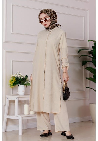 Sevitli Yırtmaç Detaylı Tunik Pantolon Takım-bej-4865