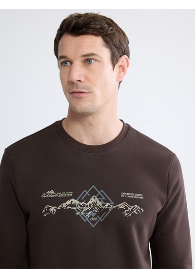 Lcwaıkıkı Classic Kahverengi Bisiklet Yaka Baskılı Erkek Sweatshirt