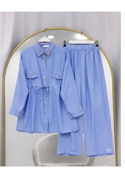 Lovie Moda Kapak Taşlı Jakar Pantolonlu İkili Takım Mavi