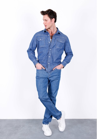 Erkek Açık Mavi Likralı Denim Regular Kalıp Düğmeli Kot Gömlek John-3020 Açik Mavi