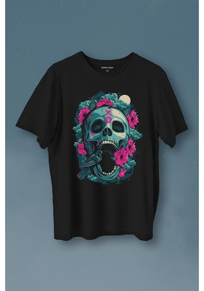 Sugar Skull Skeleton Rose Kuru Kafa Gül Baskılı Tişört Unisex T-shirt 001
