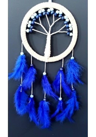 Saks Mavisi Kuş Tüylü Hayat Ağacı Düş Kapanı Dream Catcher Duvar