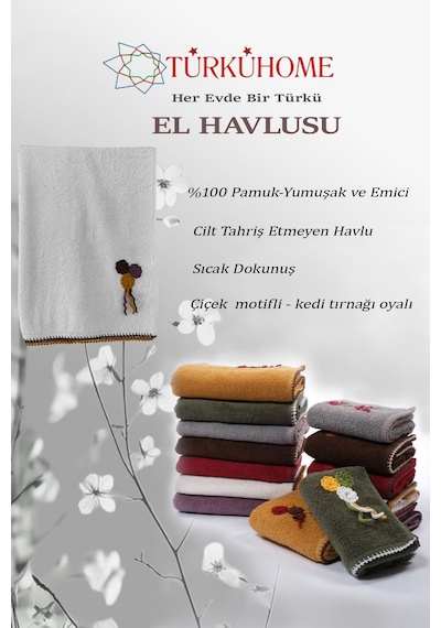 Çiçek Motifli, Kedi Tırnağı Oyalı, Yumuşak Dokulu Pamuk Havlu 50x90 Cm Beyaz