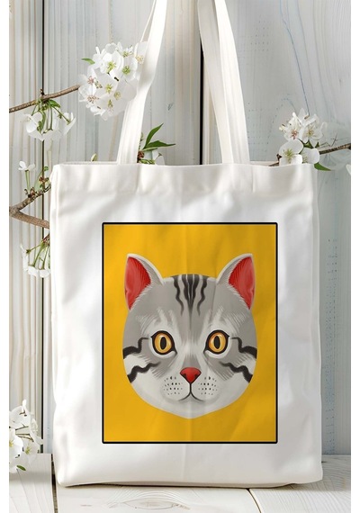 Art Hediye American Shorthair Kedi Baskılı Bez Çanta Omuz Çantası Kişiye Özel Model 13 Çok Renkli