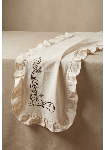Siyah Nakış Detaylı Fırfırlı Masa Runner 40x120 Cm Şık Dekoratif Masa Ve Konsol Örtüsü Açık Krem
