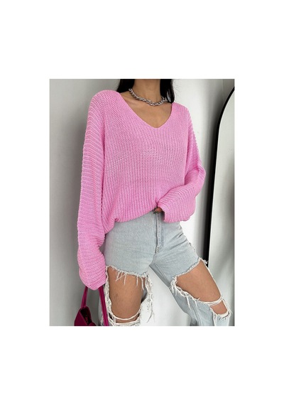 Fiolin Kadın Pembe V Yaka Selanik Örgü Oversize Triko Kazak