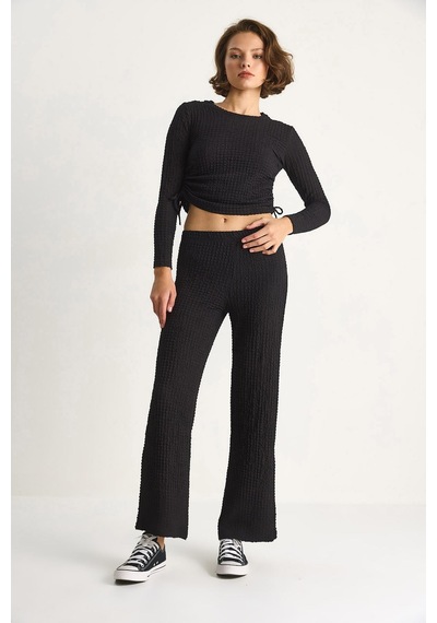 Shade Kadın Yanları Bağlamalı Crop Beli Lastikli Yüksek Bel Pantolonlu Bürümcük Takım 8075 60284110 - Siyah