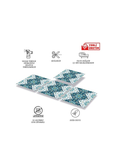 Tink Kendinden Yapışkanlı Turkuaz Çiçek Desenli Pvc Karo 30x30 Cm
