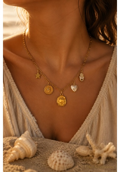 Stainless Steel Charm Gold Çelik Kolye Altın