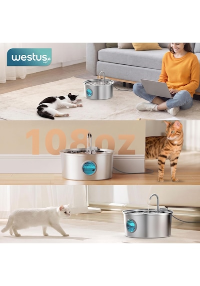 3.2 L Premium Paslanmaz Çelik Kedi Ve Köpek İçin Su Pınarı & Su Sebili Ultra Sessiz Su Seviyesi Led Göstergeli Yedek Filtre Hediye