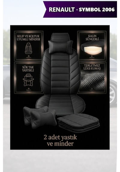 Renault Symbol 2006 Uyumlu Siyah Renk Premium Lüks 2 Adet Minder Ve Yastık