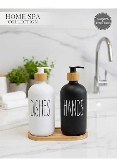 2'li Sıvı Sabun Ve Bulaşık Deterjanı Seti 500 Ml Hacimli Bambu Kapak Ve Ahşap Standlı Beyaz - Siyah