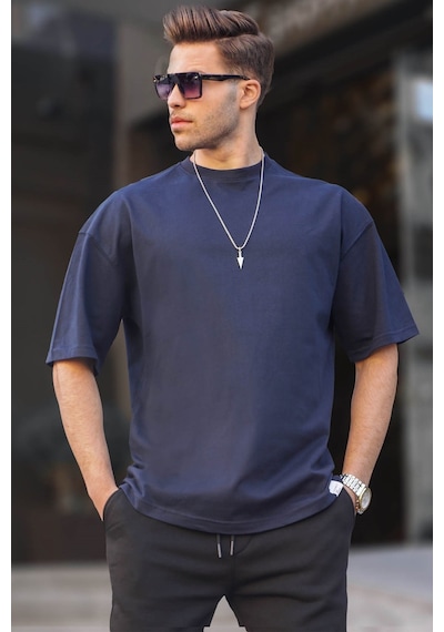 Madmext Erkek Lacivert Oversize Fit Basic Tişört 6066 Lacivert