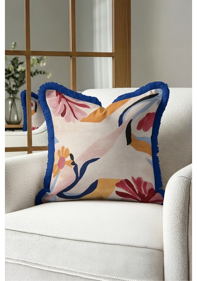 Soyut Çiçek Desenli Floral Saçaklı Yastık Kılıfı-sanatsal Boho Krem Lacivert Püsküllü Kırlent Kılıfı Haki