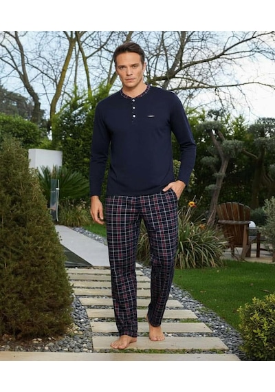 Pijamoni Erkek Standart Kalıp Pamuklu Düğme Yaka Uzun Kol Baharlık Pijama Takımı 6300/8l - 1 Adet Lacivert