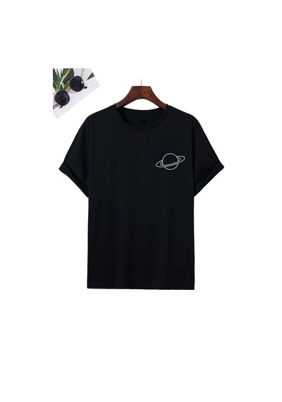 Flood Of Style Unisex Saturn Baskılı T-shirt Siyah