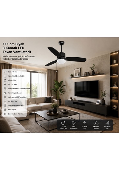 111 Cm Siyah 3 Kanatlı Led Tavan Vantilatörü 55 Watt Hız Ayarlı Modern Tasarım