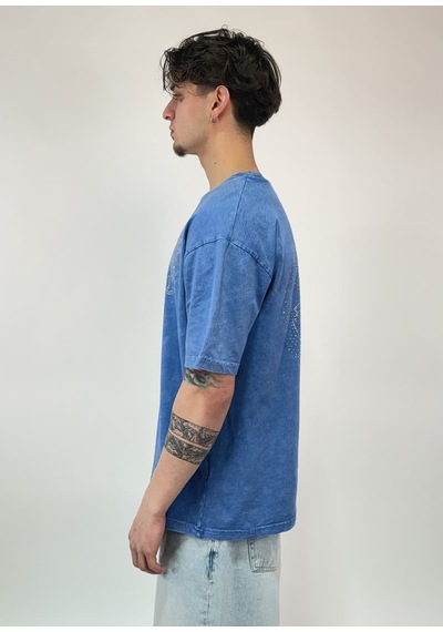 Zaee Vintage Washed Taşlı Oversize T-shirt Mavi