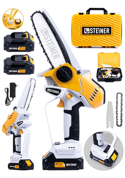 Steiner 21v Kömürsüz Motor Metal Dişli Çift Akülü Şarjlı Ağaç Odun Dal Budama El Testeresi Sarı