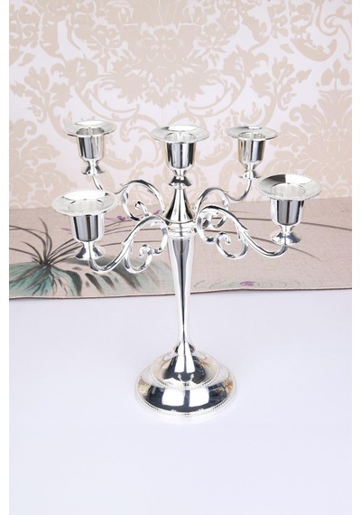 5 Gözlü Şık Restoran Düğün Şamdan Dekoratif Metal Silver Mumluk Mt156slv Çok Renkli