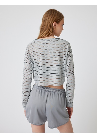Koton Oversize Crop Spor Tişört Bisiklet Yaka Ajurlu Uzun Kollu Gri 5wak10136nk Gri