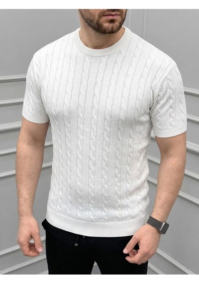 Erkek Yazlık Triko Dokuma Tişört Kısa Kol Bisiklet Yaka Örgü Desenli T-shirt - Beyaz