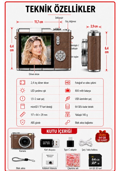 Solvis SOLVİSPR Dijital Retro Fotoğraf Makinesi + 64 GB Sd Kart
