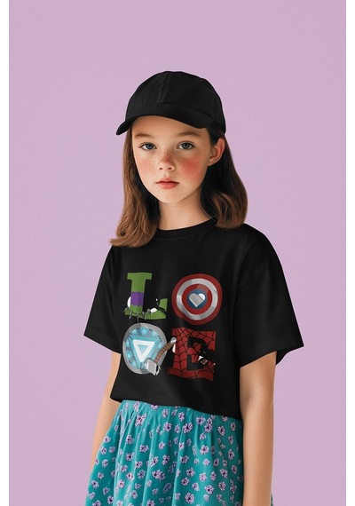 Sevbano Love Yazılı Avengers Tasarım Kahramanlar Baskılı Unisex Film Çocu SIYAH
