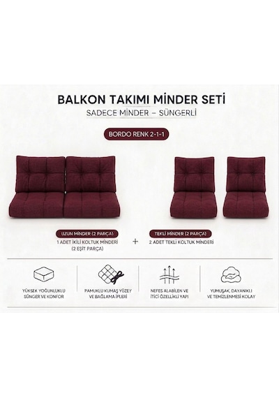 2-1-1 Fermuarlı Balkon Minderi-leke Tutmaz - İçidolu Minder Bordo