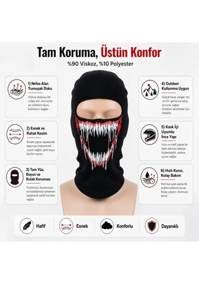 Womanandkids Wak Unisex Canavar Diş Baskılı Balaklava 1 Adet Tek Beden Viskoz Kask İçi Motosiklet Maskesi Siyah