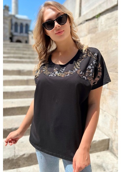 Rich Glam Bol Kalıp Leopar Crystal Taşlı Büyük Beden Kırmızı Şık Rahat Kadın T-shirt Siyah