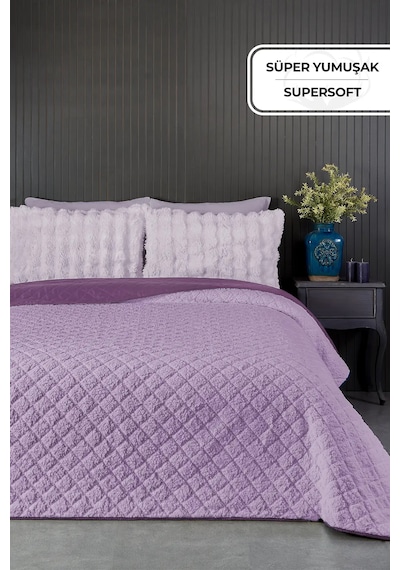 Premium Peluş Tek Kişilik Çok Amaçlı Yatak Örtüsü 160x220 Çift Taraflı Yumuşak Battaniye Pike Lila Mor