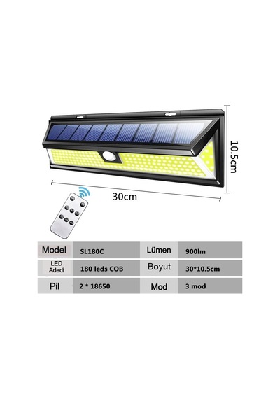 Solar 180 Led Güneş Enerjili Duvar Lambası, Kumandalı, Hareket Sensörlü, Ip65 Su Geçirmez, 3 Modlu, Dış Mekan B Çok Renkli