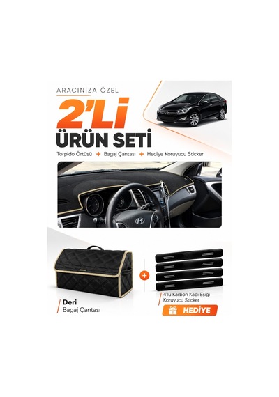 Hyundai İ40 2011-2017 Uyumlu Torpido Örtüsü + Deri Bagaj Çantası + Sticker Seti - Siyah Bej
