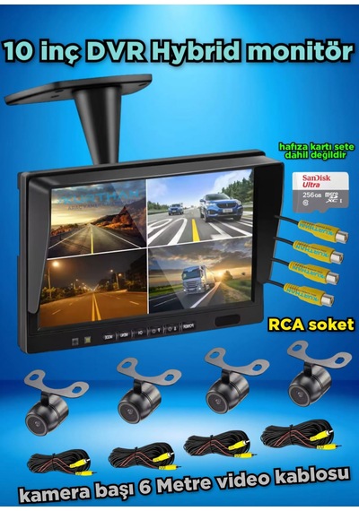 Dvr Hybrid 10'' Monitör + 4 Ad Kelebek Kamera Seti 12 V 256 Gb