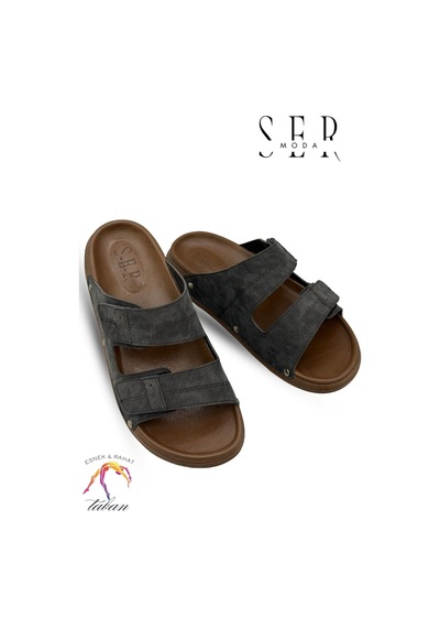 Sermoda Erkek Terlik - Çift Cırtlı Ayarlanabilir Esnek Taban Deri Erkek Terlik C Siyah