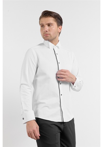 İmza Beyaz Uzun Kol Ata Yaka Düz Pamuklu Slim Fit Gömlek 1004260215