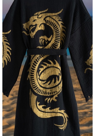 Varol Organik %100 Pamuk Kimono Yaka Sabalık Bornoz Plaj Elbisesi - Viserion - Sarı - L/xl Sarı/l/xl Siyah - Sarı