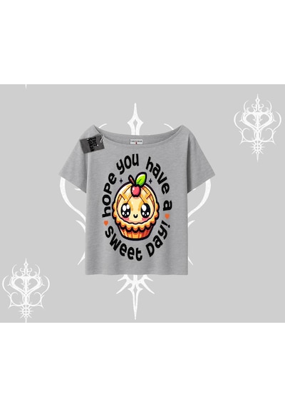 Tarzsokak Sweet Day Cupcake Baskılı Kayık Yaka Tshirt Gri