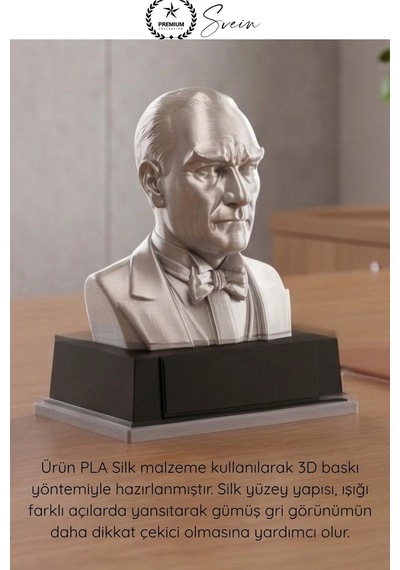 Atatürk Mustafa Kemal Atatürk Büstü 3d Baskı Dekorasyon Biblo Gümüş Gri Premium Tasarım Şık Obje Ev