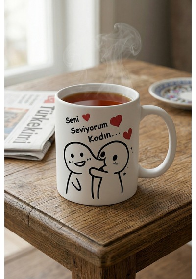 Çift Kupası Seni Seviyorum Kadın Yazılı Sevgiliye Eşe Özel Hediye Kalpli Kupa Bardak Özel Tasarımlı Beyaz
